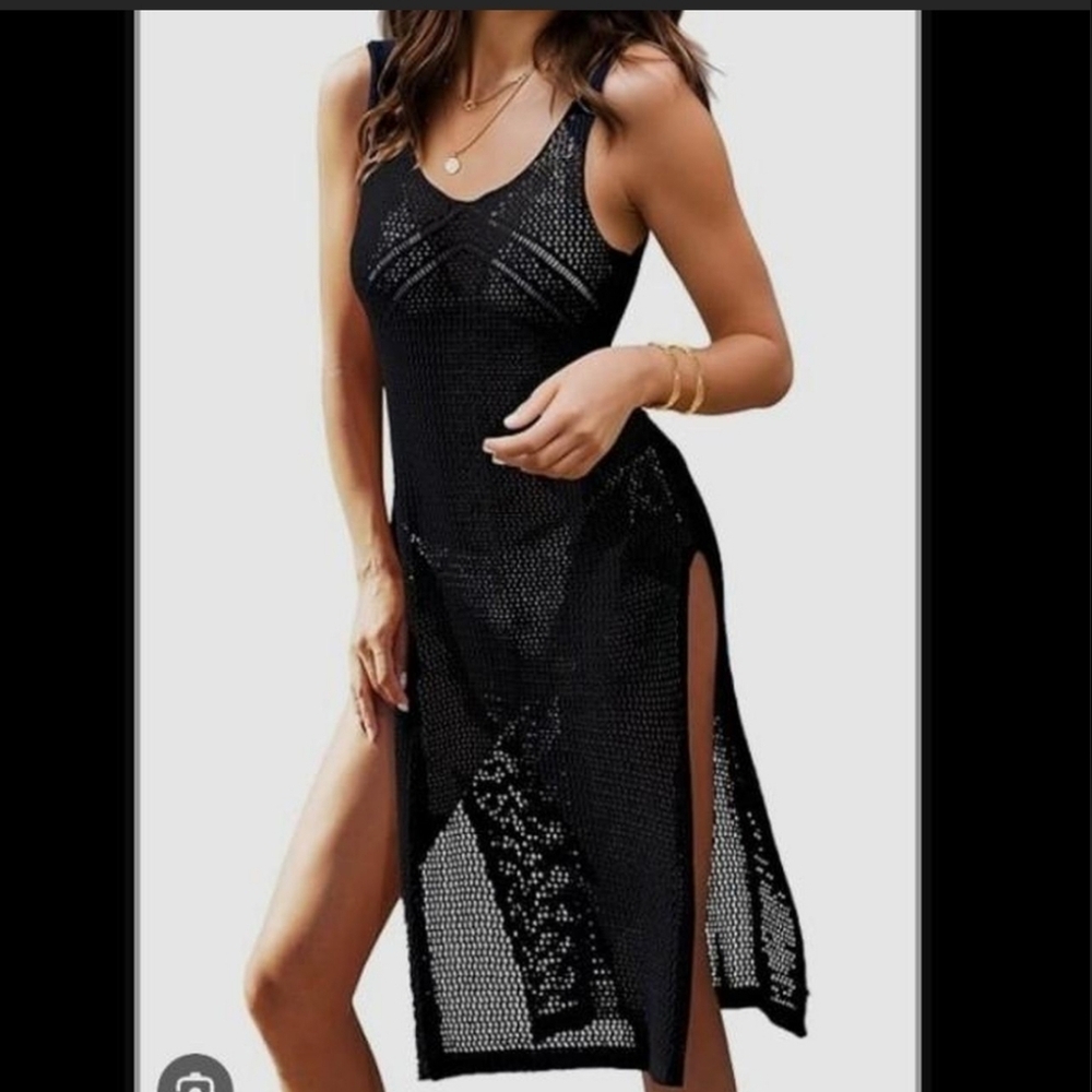 NWT Cupshe Small Black Knit Swim Sleeveless Tank Cover-Up Mesh Midi W Side Slits - Picture 2 of 5